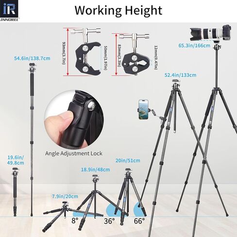 Carbon Fiber Travel Tripod-INNOREL P254CF 60" Professional Compact Camera Tripod Stand for Digital DSLR Travel with Fast Flip Buckle Special-Shaped Center Column 0.98in/25mm Tube Max Load 26.5lb/12kg in Saudi Arabia