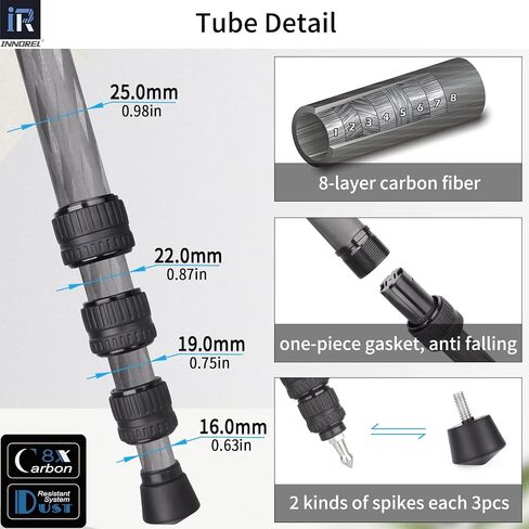 Carbon Fiber Travel Tripod-INNOREL P254CF 60" Professional Compact Camera Tripod Stand for Digital DSLR Travel with Fast Flip Buckle Special-Shaped Center Column 0.98in/25mm Tube Max Load 26.5lb/12kg in Saudi Arabia