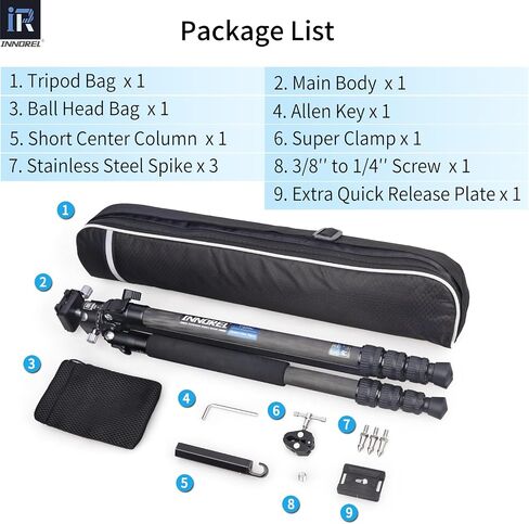 Carbon Fiber Travel Tripod-INNOREL P254CF 60" Professional Compact Camera Tripod Stand for Digital DSLR Travel with Fast Flip Buckle Special-Shaped Center Column 0.98in/25mm Tube Max Load 26.5lb/12kg in Saudi Arabia