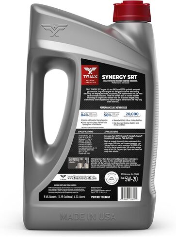 TRIAX Synergy SRT 5W-20 Full Synthetic PAO-Ester Engine Oil, 20K Mile Drain, Moly/Boron Friction Modified, API SP Licensed, Dex2 Gen 3, 3x Wear Protection (1 Quart) in Saudi Arabia