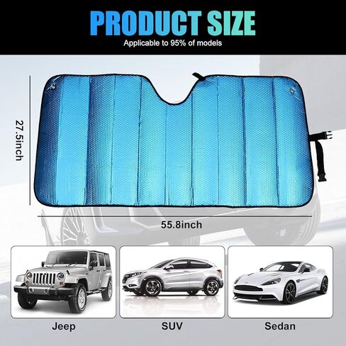 عبوة واحدة من عاكس الأشعة فوق البنفسجية للزجاج الأمامي للسيارة، مقاس 57.08 بوصة × 27.55 بوصة، غطاء عازل للحرارة للنافذة الأمامية للسيارة، يحافظ على برودة سيارتك، تصميم على الوجهين، لوحة تعتيم عالمية (أسود) in Kuwait