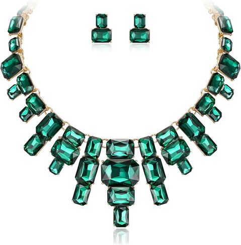 Flyonce الأخضر بيان مجموعة المجوهرات، خمر حجر الراين كريستال آرت ديكو زي مكتنزة طوق قلادة مسمار مجموعة الأقراط in Kuwait