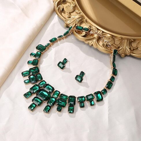 Flyonce الأخضر بيان مجموعة المجوهرات، خمر حجر الراين كريستال آرت ديكو زي مكتنزة طوق قلادة مسمار مجموعة الأقراط in Kuwait