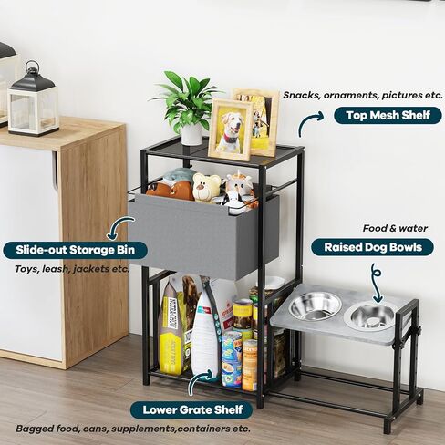 Elevated Dog Bowls with Storage, 6 Heights & Tiltable Raised Dog Bowl W Toy Bin Basket - 3 Stainless Steel Bowls - Pet Feeding Station W Food Cabinet Organizer (Black (with Storage Organizer)) in Saudi Arabia