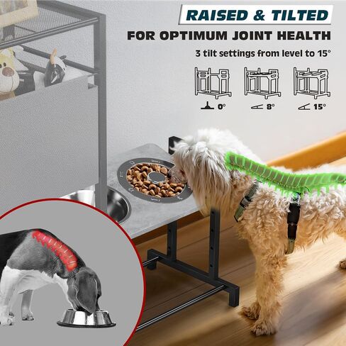 Elevated Dog Bowls with Storage, 6 Heights & Tiltable Raised Dog Bowl W Toy Bin Basket - 3 Stainless Steel Bowls - Pet Feeding Station W Food Cabinet Organizer (Black (with Storage Organizer)) in Saudi Arabia