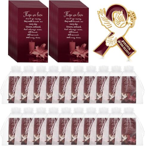 60 Set Funeral Ribbon Pins Funeral Favors for Guests Awareness Lapel Pin with Prayer Cards Organza Bags Funeral Brooch for People in Mourning Remembrance Memorial Pin(Burgundy Red) in Saudi Arabia