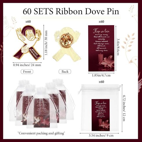 60 Set Funeral Ribbon Pins Funeral Favors for Guests Awareness Lapel Pin with Prayer Cards Organza Bags Funeral Brooch for People in Mourning Remembrance Memorial Pin(Burgundy Red) in Saudi Arabia