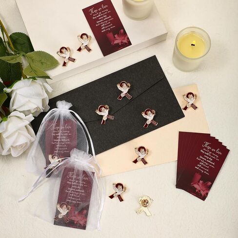 60 Set Funeral Ribbon Pins Funeral Favors for Guests Awareness Lapel Pin with Prayer Cards Organza Bags Funeral Brooch for People in Mourning Remembrance Memorial Pin(Burgundy Red) in Saudi Arabia