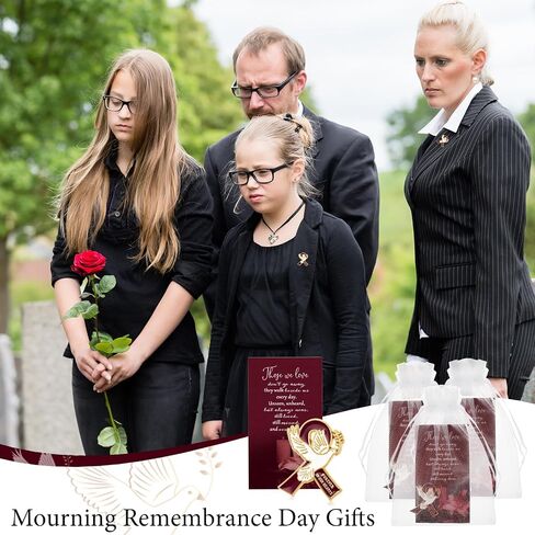 60 Set Funeral Ribbon Pins Funeral Favors for Guests Awareness Lapel Pin with Prayer Cards Organza Bags Funeral Brooch for People in Mourning Remembrance Memorial Pin(Burgundy Red) in Saudi Arabia
