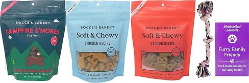 مكافآت الكلاب الناعمة والمطاطية من Bocce's Bakery تحتوي على 3 نكهات متنوعة - (1) لكل منها: سمك السلمون والدجاج وسموري نار المخيم - (6 أونصات) - بالإضافة إلى لعبة الحبل وحزمة كتيب حقائق الحيوانات الممتعة in Kuwait