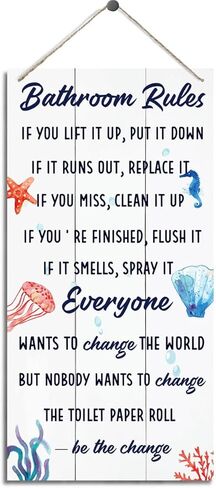 Bathroom Decor Sign, Decorative Wood Hanging Wood Plaque, Farmhouse Bathroom Decorations, Bathroom Art Wall Decor, Funny Ocean Beach Bathroom Decor, Office Home Toilet Door Hanger, Bathroom Rules Sign in Kuwait