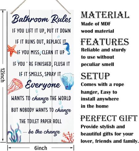 Bathroom Decor Sign, Decorative Wood Hanging Wood Plaque, Farmhouse Bathroom Decorations, Bathroom Art Wall Decor, Funny Ocean Beach Bathroom Decor, Office Home Toilet Door Hanger, Bathroom Rules Sign in Kuwait