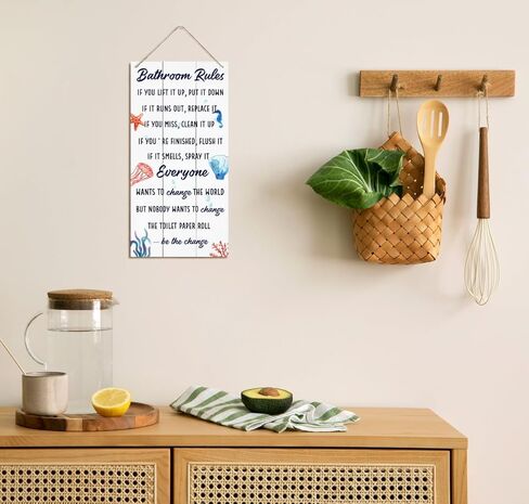Bathroom Decor Sign, Decorative Wood Hanging Wood Plaque, Farmhouse Bathroom Decorations, Bathroom Art Wall Decor, Funny Ocean Beach Bathroom Decor, Office Home Toilet Door Hanger, Bathroom Rules Sign in Kuwait