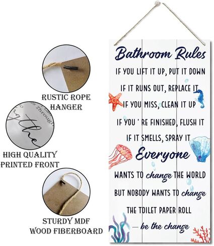 Bathroom Decor Sign, Decorative Wood Hanging Wood Plaque, Farmhouse Bathroom Decorations, Bathroom Art Wall Decor, Funny Ocean Beach Bathroom Decor, Office Home Toilet Door Hanger, Bathroom Rules Sign in Kuwait