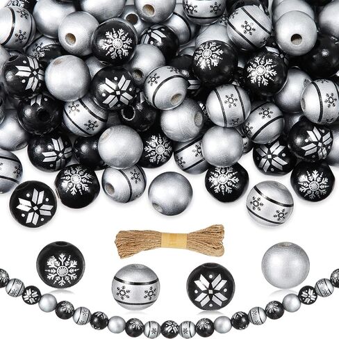 120 Pieces 0.6 Inch Wooden Bead Christmas Wood Beads Natural Wood Beads Craft Wood Round Beads with 65.6 Feet Twine for Xmas Valentine's Day Saint Patrick's Day Party Decor (Black, Silver) in Saudi Arabia