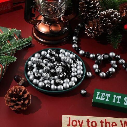 120 Pieces 0.6 Inch Wooden Bead Christmas Wood Beads Natural Wood Beads Craft Wood Round Beads with 65.6 Feet Twine for Xmas Valentine's Day Saint Patrick's Day Party Decor (Black, Silver) in Saudi Arabia