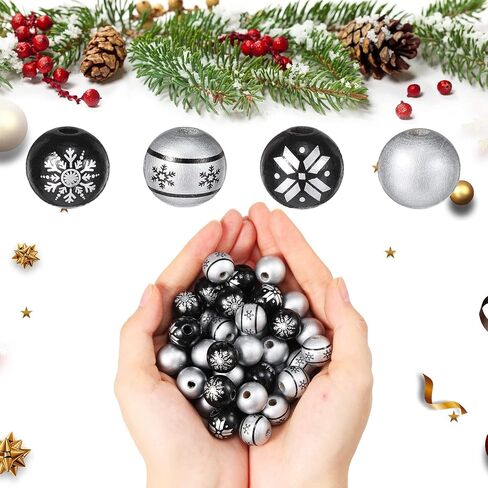 120 Pieces 0.6 Inch Wooden Bead Christmas Wood Beads Natural Wood Beads Craft Wood Round Beads with 65.6 Feet Twine for Xmas Valentine's Day Saint Patrick's Day Party Decor (Black, Silver) in Saudi Arabia
