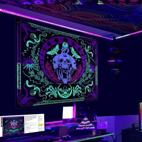 نسيج vaoruteng Skull Blacklight، مفروشات حائط هيكل عظمي تفاعلية للأشعة فوق البنفسجية، خلفية متوهجة في الظلام للحفلات، ملصقات رائعة لديكور غرفة النوم باللون الأسود Trippy مخدر الفضاء in Saudi Arabia