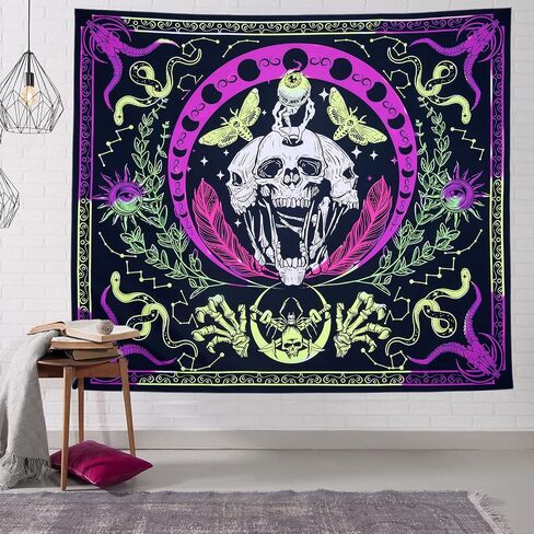 نسيج vaoruteng Skull Blacklight، مفروشات حائط هيكل عظمي تفاعلية للأشعة فوق البنفسجية، خلفية متوهجة في الظلام للحفلات، ملصقات رائعة لديكور غرفة النوم باللون الأسود Trippy مخدر الفضاء in Saudi Arabia