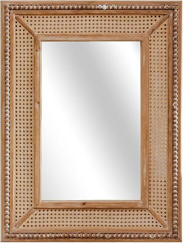 Boho Rattan Wall Mirror Wooden Framed Rectangle Mirror Wood Decorative Farmhouse Hanging Mirror for Bathroom Vanity Entryway Living Room Home Wall Decor - 24.21" x 1.18" x 32.28" in Saudi Arabia