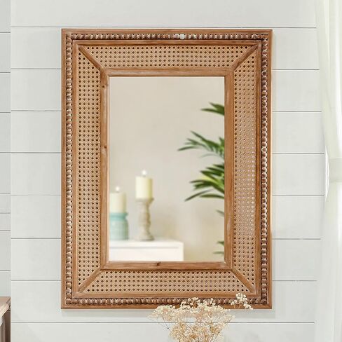 Boho Rattan Wall Mirror Wooden Framed Rectangle Mirror Wood Decorative Farmhouse Hanging Mirror for Bathroom Vanity Entryway Living Room Home Wall Decor - 24.21" x 1.18" x 32.28" in Saudi Arabia