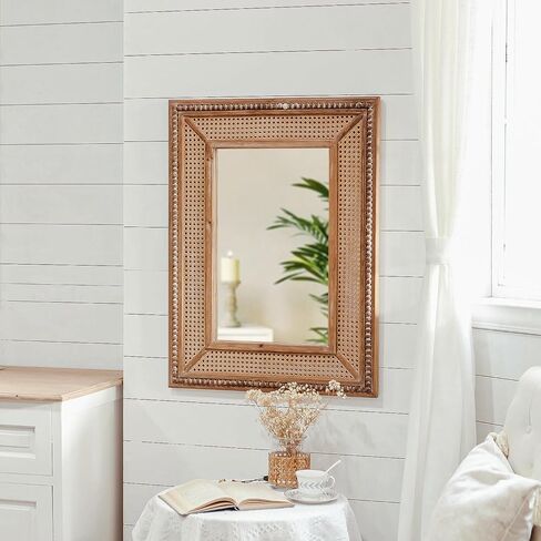 Boho Rattan Wall Mirror Wooden Framed Rectangle Mirror Wood Decorative Farmhouse Hanging Mirror for Bathroom Vanity Entryway Living Room Home Wall Decor - 24.21" x 1.18" x 32.28" in Saudi Arabia