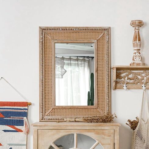 Boho Rattan Wall Mirror Wooden Framed Rectangle Mirror Wood Decorative Farmhouse Hanging Mirror for Bathroom Vanity Entryway Living Room Home Wall Decor - 24.21" x 1.18" x 32.28" in Saudi Arabia