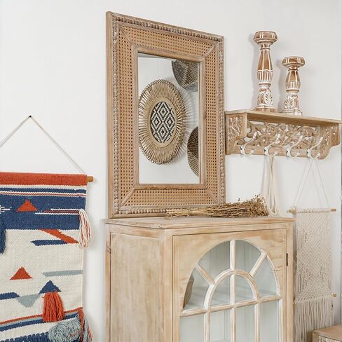 Boho Rattan Wall Mirror Wooden Framed Rectangle Mirror Wood Decorative Farmhouse Hanging Mirror for Bathroom Vanity Entryway Living Room Home Wall Decor - 24.21" x 1.18" x 32.28" in Saudi Arabia