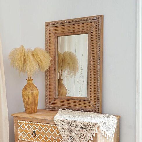 Boho Rattan Wall Mirror Wooden Framed Rectangle Mirror Wood Decorative Farmhouse Hanging Mirror for Bathroom Vanity Entryway Living Room Home Wall Decor - 24.21" x 1.18" x 32.28" in Saudi Arabia