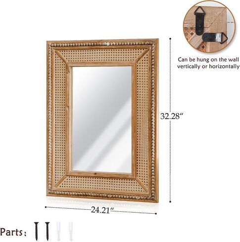 Boho Rattan Wall Mirror Wooden Framed Rectangle Mirror Wood Decorative Farmhouse Hanging Mirror for Bathroom Vanity Entryway Living Room Home Wall Decor - 24.21" x 1.18" x 32.28" in Saudi Arabia