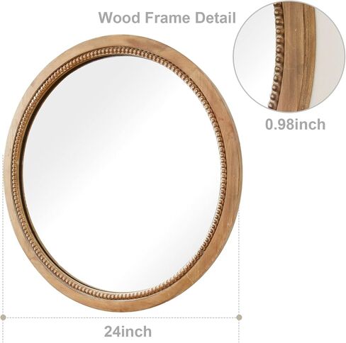 sawsile Round Decorative Mirror 24inch Circle Farmhouse Style Mirror Rustic Natural Wooden Frame Beads Mirror for Bedroom, Bathroom, Living Room or Entryway in Kuwait