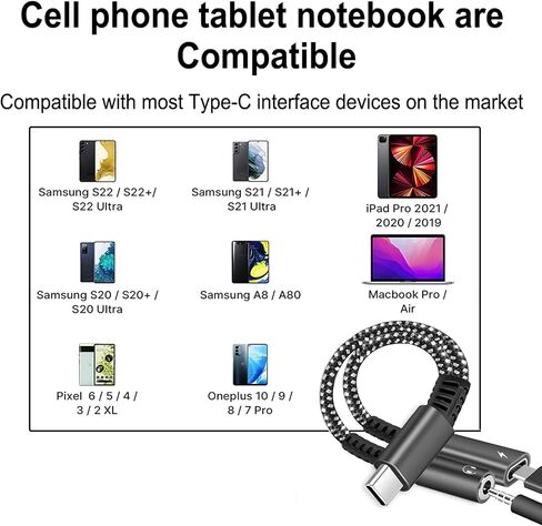 محول سماعة رأس وشاحن USB من النوع C إلى 3.5 مم، كابل دونجل USB C إلى AUX 2 في 1 مع شحن سريع PD 60 وات متوافق مع Samsung Galaxy S22 S21 S20، Note 20 10، Google Pixel 4 3 XL in Saudi Arabia