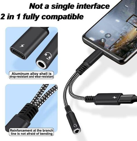 محول سماعة رأس وشاحن USB من النوع C إلى 3.5 مم، كابل دونجل USB C إلى AUX 2 في 1 مع شحن سريع PD 60 وات متوافق مع Samsung Galaxy S22 S21 S20، Note 20 10، Google Pixel 4 3 XL in Saudi Arabia