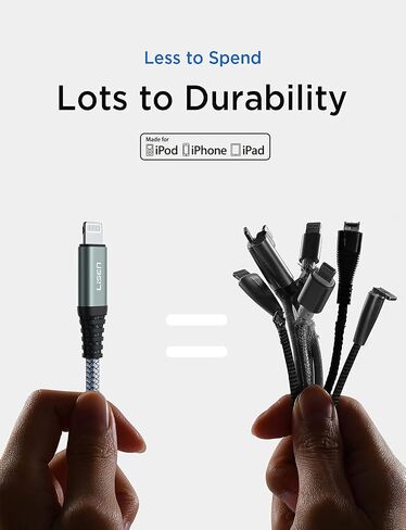 كابل شاحن iPhone معتمد من LISEN MFi (6.6 قدم)، كابل Lightning [لا يتمزق أبدًا] سلك iPhone سريع الشحن 2.4 أمبير متوافق مع iPhone 11 Pro/Xs Max/XR/XS/X/8/8 Plus/7/6/6 Plus/ SE/5/5S in Saudi Arabia