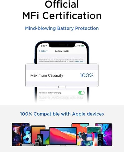 كابل شاحن iPhone معتمد من LISEN MFi (6.6 قدم)، كابل Lightning [لا يتمزق أبدًا] سلك iPhone سريع الشحن 2.4 أمبير متوافق مع iPhone 11 Pro/Xs Max/XR/XS/X/8/8 Plus/7/6/6 Plus/ SE/5/5S in Saudi Arabia