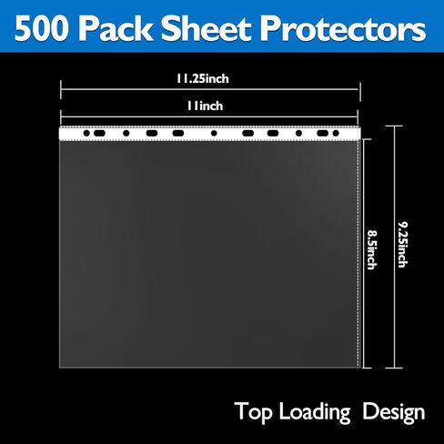 500 حزمة من واقيات الورق لـ 3 مجلدات حلقية، 8.5 × 11 بوصة، أوراق حماية للصفحات البلاستيكية الشفافة مع 11 فتحة معززة، تحميل علوي 9.25 × 11.25 بوصة in Kuwait