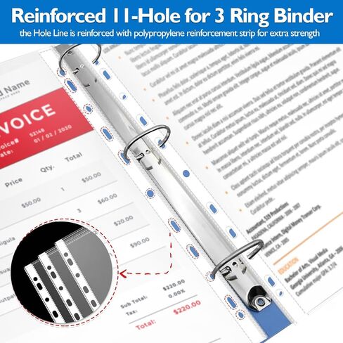 500 حزمة من واقيات الورق لـ 3 مجلدات حلقية، 8.5 × 11 بوصة، أوراق حماية للصفحات البلاستيكية الشفافة مع 11 فتحة معززة، تحميل علوي 9.25 × 11.25 بوصة in Kuwait