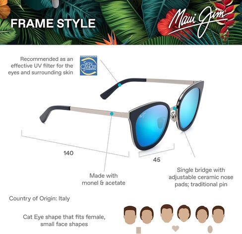 Maui Jim Women's Wood Rose Polarized Cat Eye Sunglasses, Navy w/Silver/Blue Hawaii, Small in Saudi Arabia