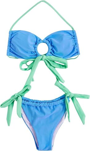 MakeMeChic Women's 2 Piece Swimsuit Colorblock Ring Halter String Tie Side Thong Bikini Set Bathing Suit in Saudi Arabia