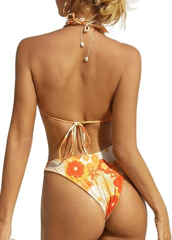Women's 2 Piece Swimsuits Floral Print Halter Triangle High Waisted Bikini Set Bathing Suit in Saudi Arabia