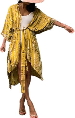 MEILING المرأة التعادل الجبهة كيمونو سترة حزام بيكيني ثوب السباحة التستر المطبوعة الشاطئ رداء طويل (طباعة 26) in Kuwait