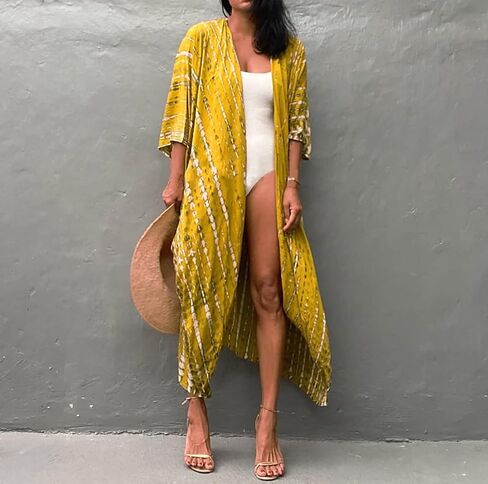 MEILING المرأة التعادل الجبهة كيمونو سترة حزام بيكيني ثوب السباحة التستر المطبوعة الشاطئ رداء طويل (طباعة 26) in Kuwait