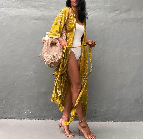 MEILING المرأة التعادل الجبهة كيمونو سترة حزام بيكيني ثوب السباحة التستر المطبوعة الشاطئ رداء طويل (طباعة 26) in Kuwait