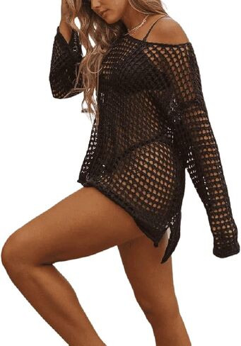 MEILING Womens Sexy Crochet Swimsuit Cover Ups Hollow Out Summer Sweater Tops Knit Beach Mini Dresses in Saudi Arabia