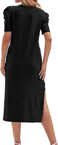 Dyexces Womens Summer T Shirt Dress Casual Puff Sleeve V Neck Midi Dresses Loose Side Slit Long Tshirt Dress with Pockets in Saudi Arabia