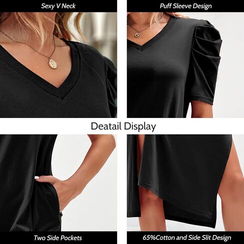 Dyexces Womens Summer T Shirt Dress Casual Puff Sleeve V Neck Midi Dresses Loose Side Slit Long Tshirt Dress with Pockets in Saudi Arabia