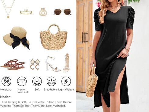 Dyexces Womens Summer T Shirt Dress Casual Puff Sleeve V Neck Midi Dresses Loose Side Slit Long Tshirt Dress with Pockets in Saudi Arabia