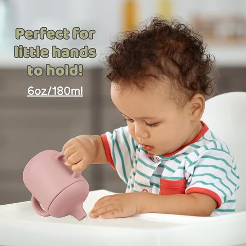 Silicone Baby Drinking Cups, Silicone Sippy Cups for 6-12 Months Toddlers - Pack of 2 Food Grade Silicone Traning Cups with Straws and Lids Grip Handle for Baby Led Weaning, 6 oz (Sand/Ether) in Saudi Arabia