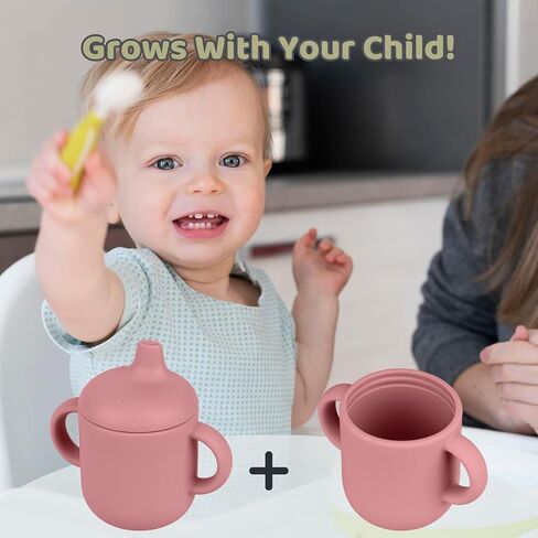 Silicone Baby Drinking Cups, Silicone Sippy Cups for 6-12 Months Toddlers - Pack of 2 Food Grade Silicone Traning Cups with Straws and Lids Grip Handle for Baby Led Weaning, 6 oz (Sand/Ether) in Saudi Arabia