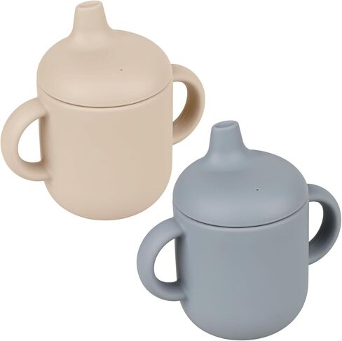 Silicone Baby Drinking Cups, Silicone Sippy Cups for 6-12 Months Toddlers - Pack of 2 Food Grade Silicone Traning Cups with Straws and Lids Grip Handle for Baby Led Weaning, 6 oz (Sand/Ether) in Saudi Arabia